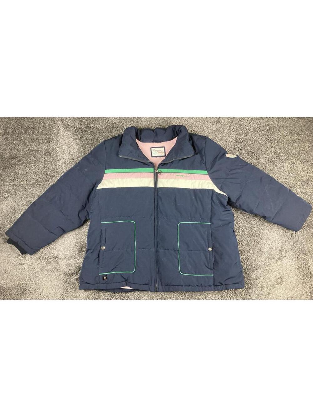 Vintage ZeroXposur Women’s Down Puffer Jacket Navy Pink Green Striped Coat Sz XL